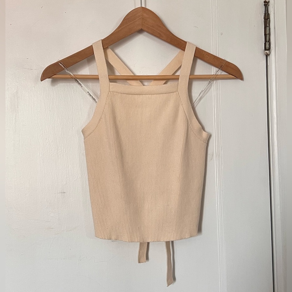 Square-Neck Ribbed Tank Top with Back Tie in Cream